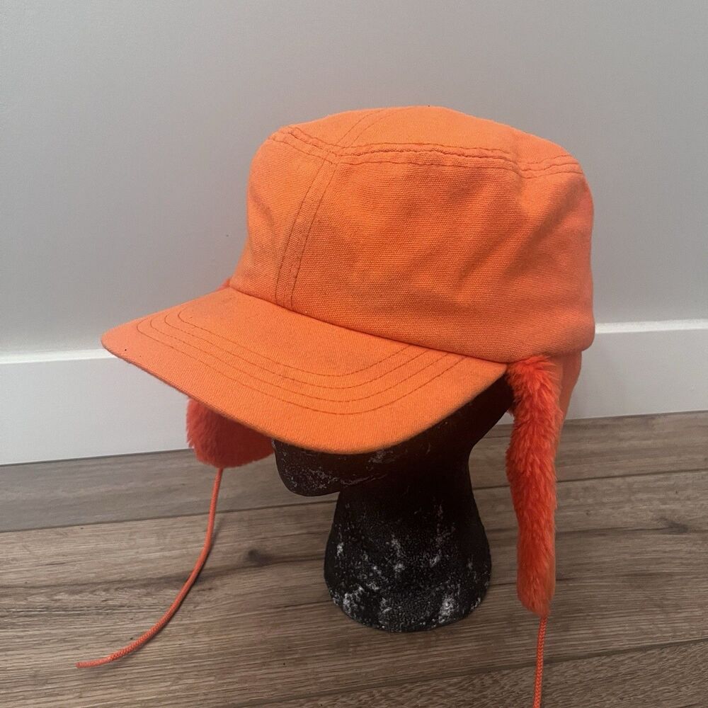 Vintage Whitewater Outdoors Orange Hunting Hat Trapper Cap Ear Flaps USA Made